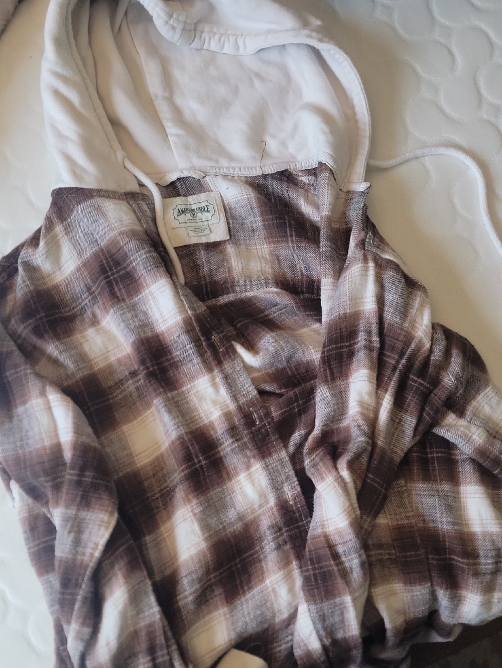 American Eagle Outfitters Brown and White Plaid Hooded Shirt